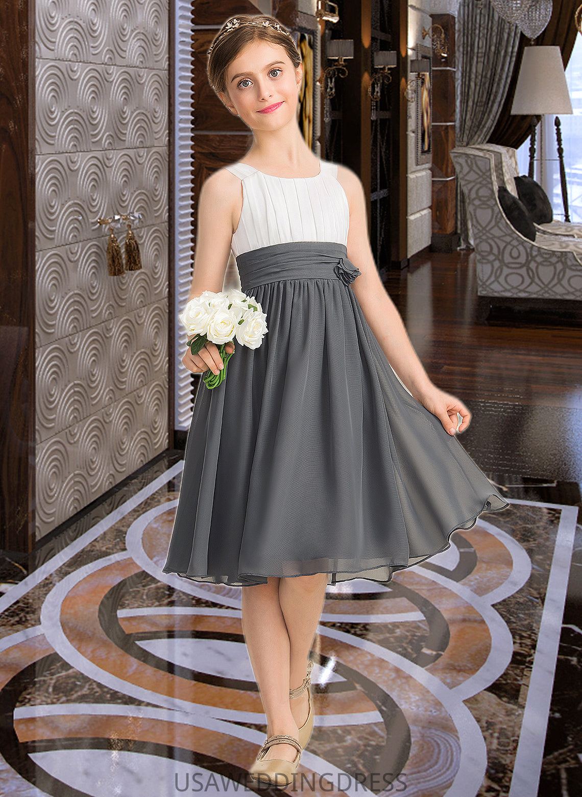 Thirza A-Line Scoop Neck Knee-Length Chiffon Junior Bridesmaid Dress With Ruffle Flower(s) DSP0013350