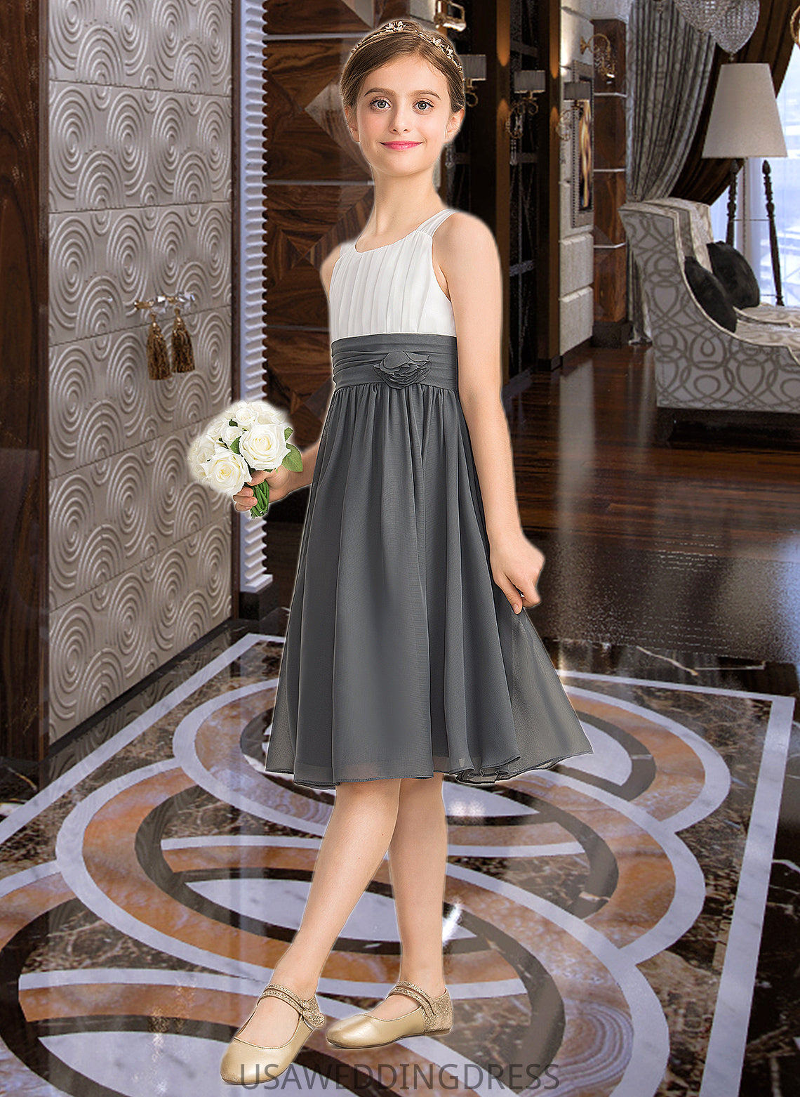 Thirza A-Line Scoop Neck Knee-Length Chiffon Junior Bridesmaid Dress With Ruffle Flower(s) DSP0013350