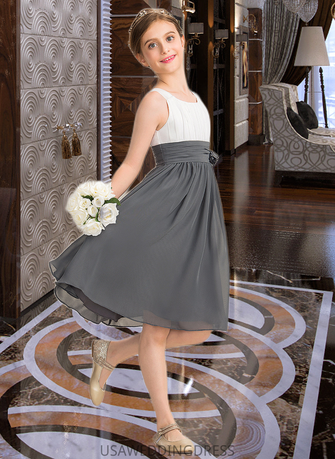 Thirza A-Line Scoop Neck Knee-Length Chiffon Junior Bridesmaid Dress With Ruffle Flower(s) DSP0013350