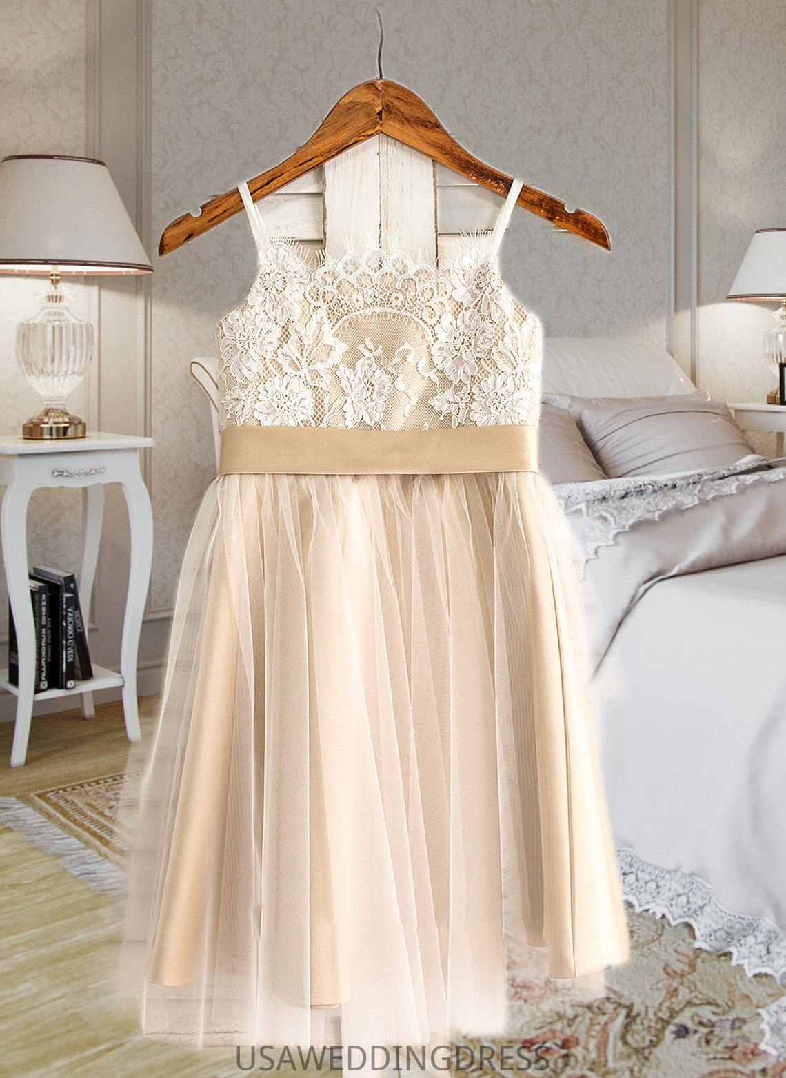 Emmy A-Line Square Neckline Knee-Length Tulle Junior Bridesmaid Dress With Sash Bow(s) DSP0013351