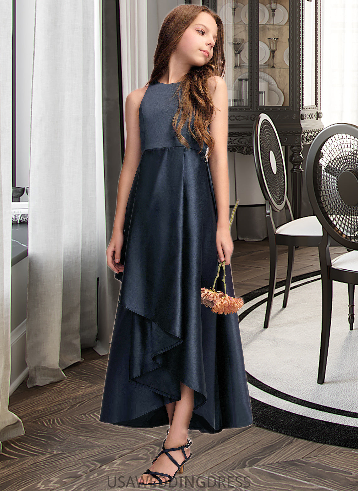 Leia A-Line Scoop Neck Asymmetrical Satin Junior Bridesmaid Dress With Cascading Ruffles DSP0013352