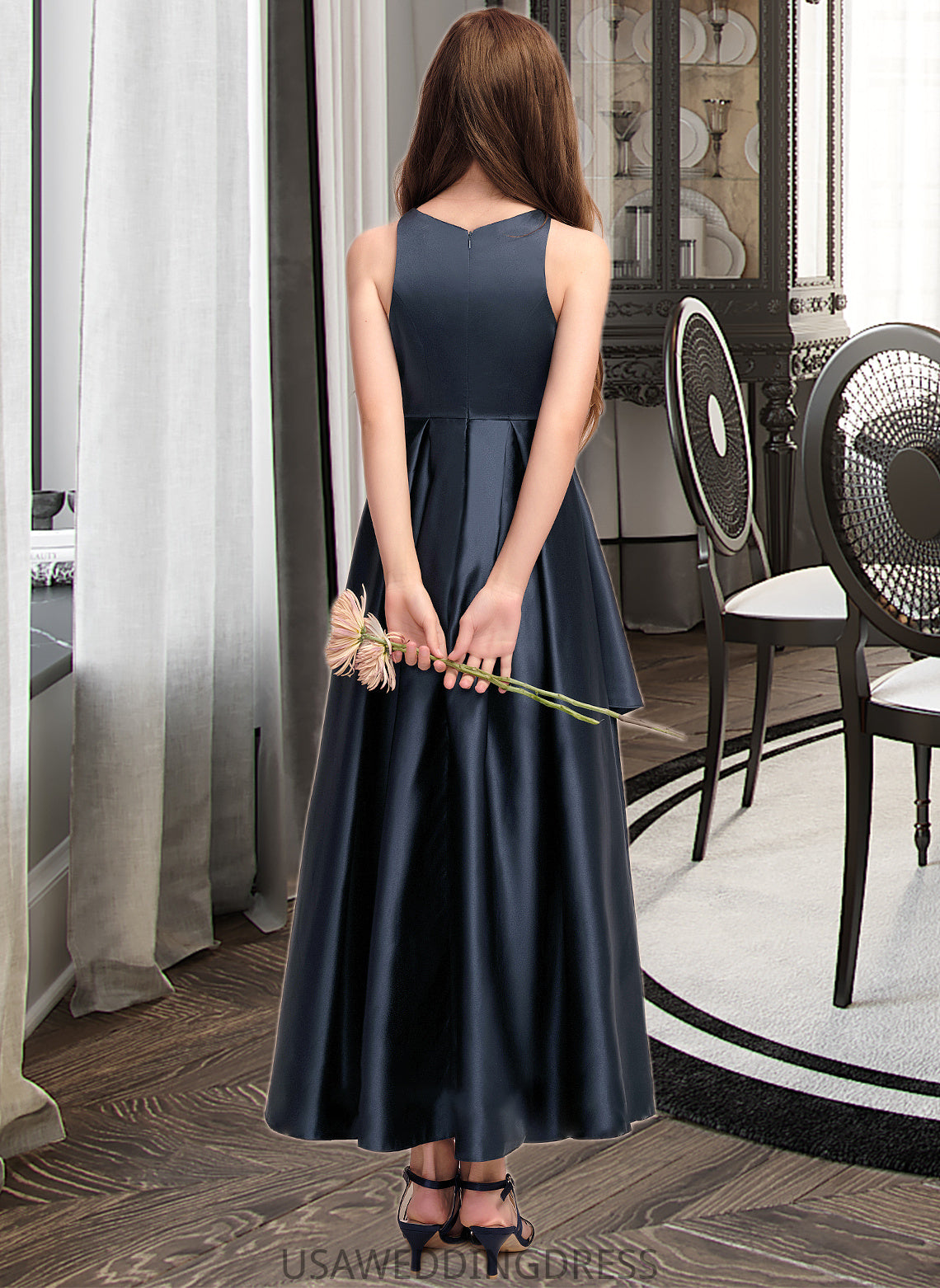 Leia A-Line Scoop Neck Asymmetrical Satin Junior Bridesmaid Dress With Cascading Ruffles DSP0013352