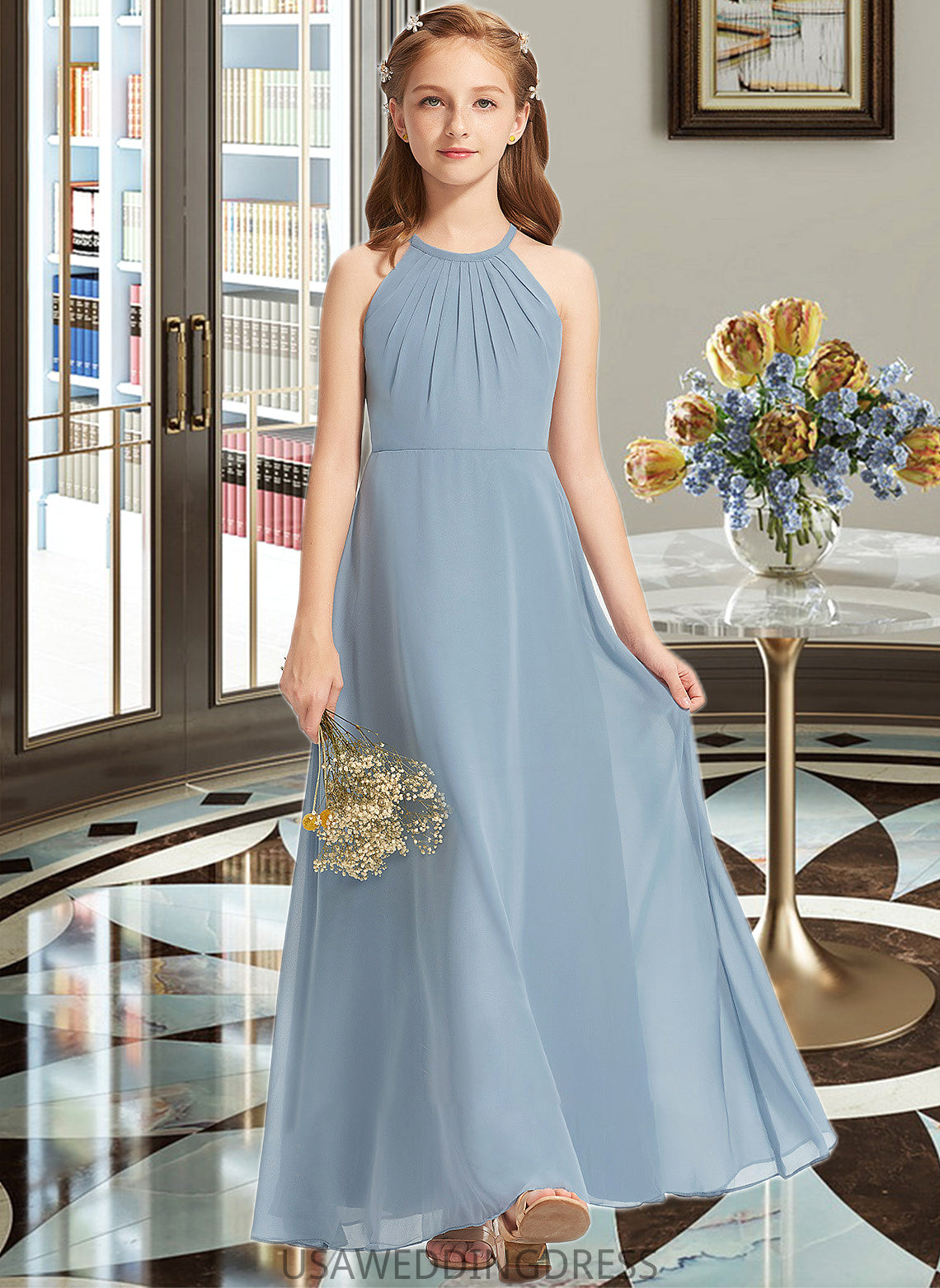 Leanna A-Line Scoop Neck Floor-Length Chiffon Junior Bridesmaid Dress With Ruffle DSP0013353