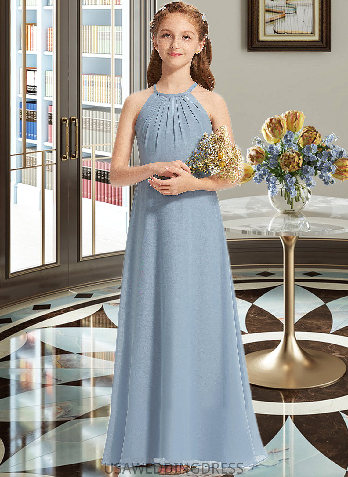 Leanna A-Line Scoop Neck Floor-Length Chiffon Junior Bridesmaid Dress With Ruffle DSP0013353