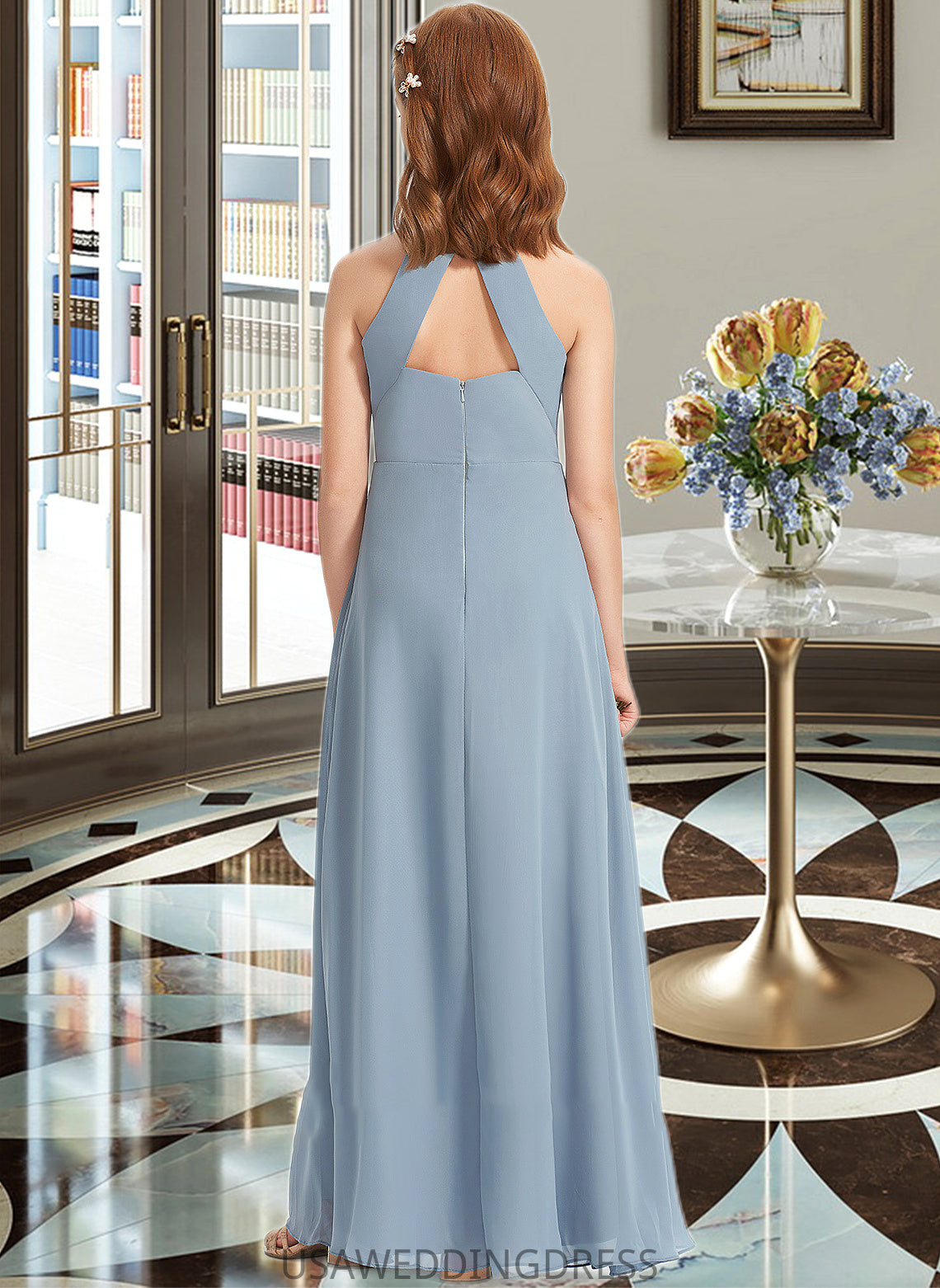 Leanna A-Line Scoop Neck Floor-Length Chiffon Junior Bridesmaid Dress With Ruffle DSP0013353