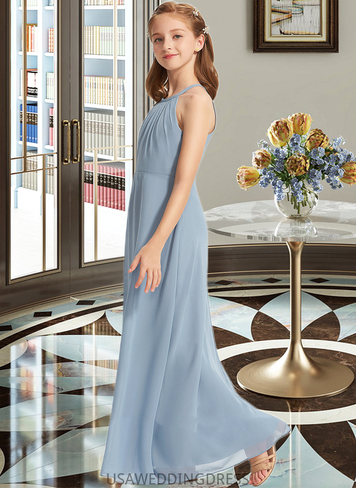 Leanna A-Line Scoop Neck Floor-Length Chiffon Junior Bridesmaid Dress With Ruffle DSP0013353