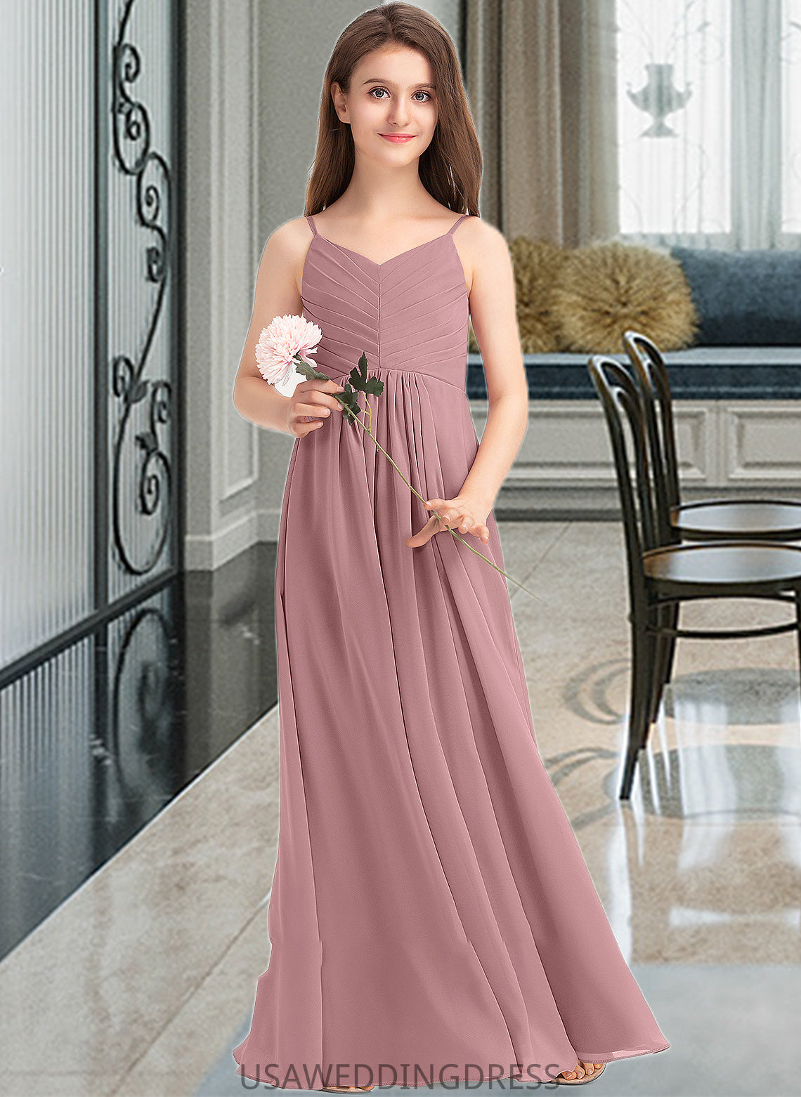 Ida A-Line V-neck Floor-Length Chiffon Junior Bridesmaid Dress With Ruffle DSP0013354