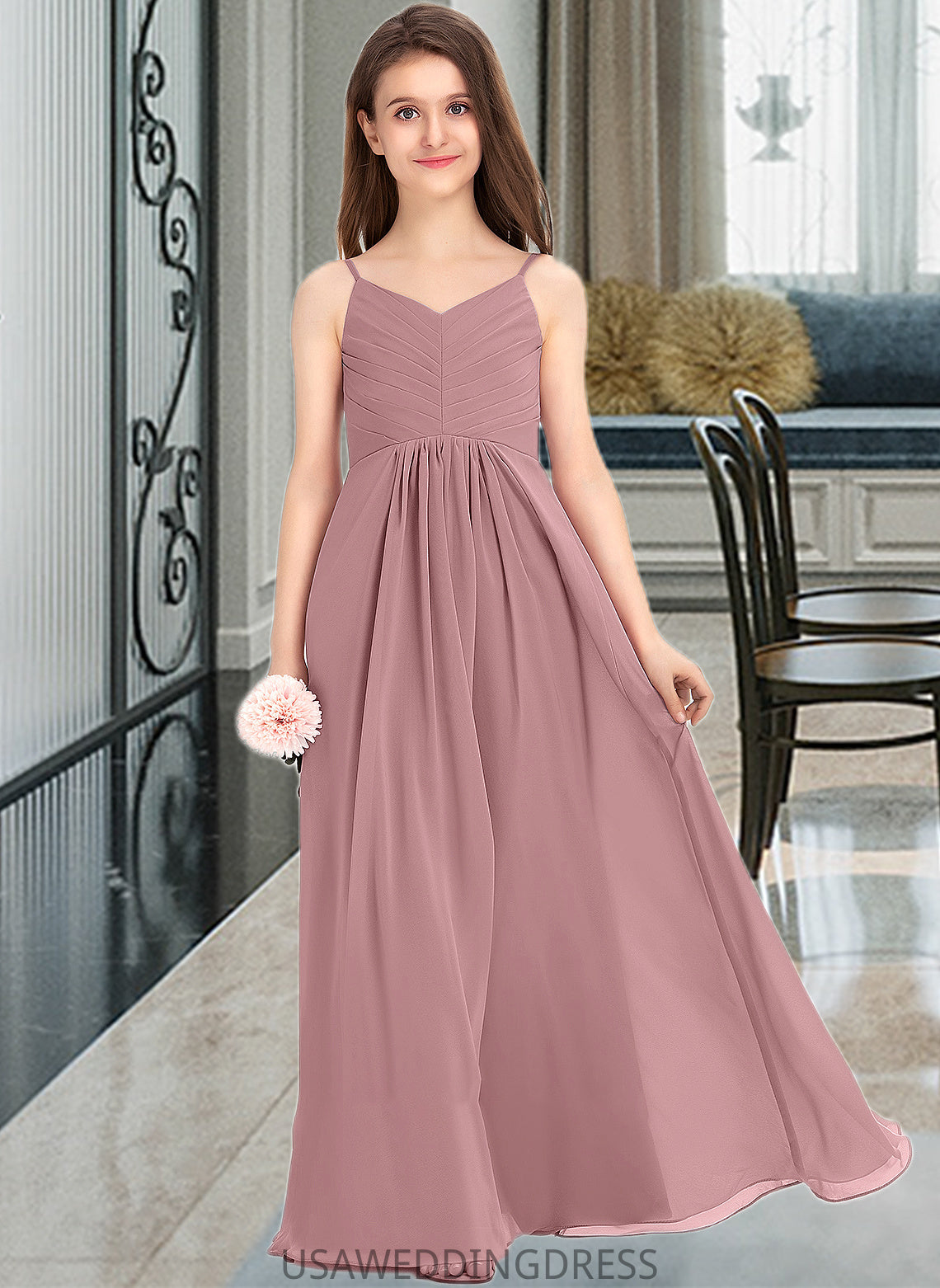 Ida A-Line V-neck Floor-Length Chiffon Junior Bridesmaid Dress With Ruffle DSP0013354