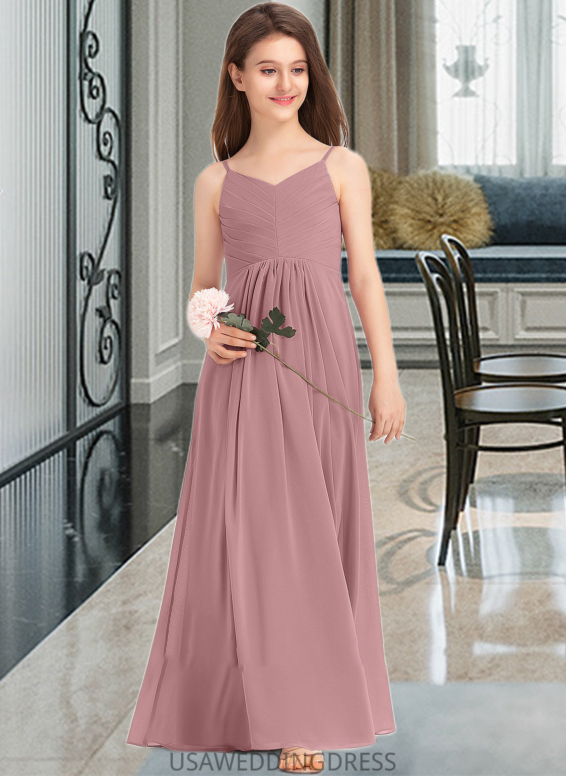 Ida A-Line V-neck Floor-Length Chiffon Junior Bridesmaid Dress With Ruffle DSP0013354