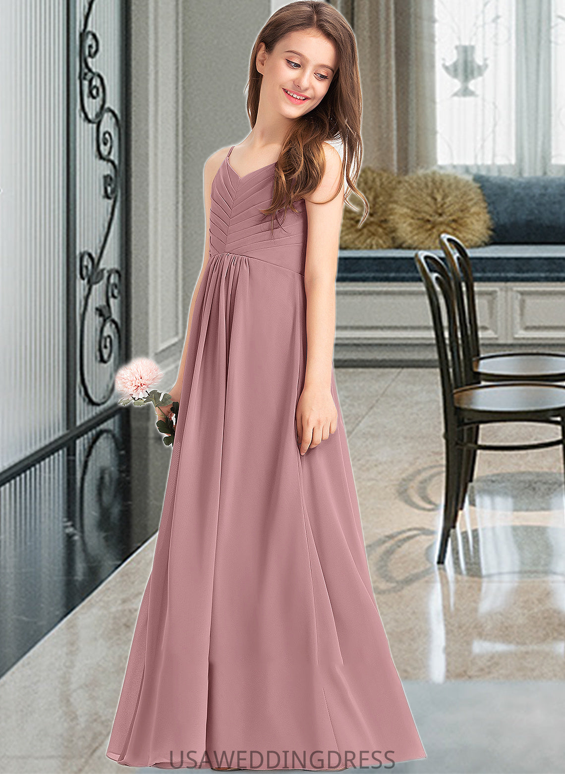 Ida A-Line V-neck Floor-Length Chiffon Junior Bridesmaid Dress With Ruffle DSP0013354