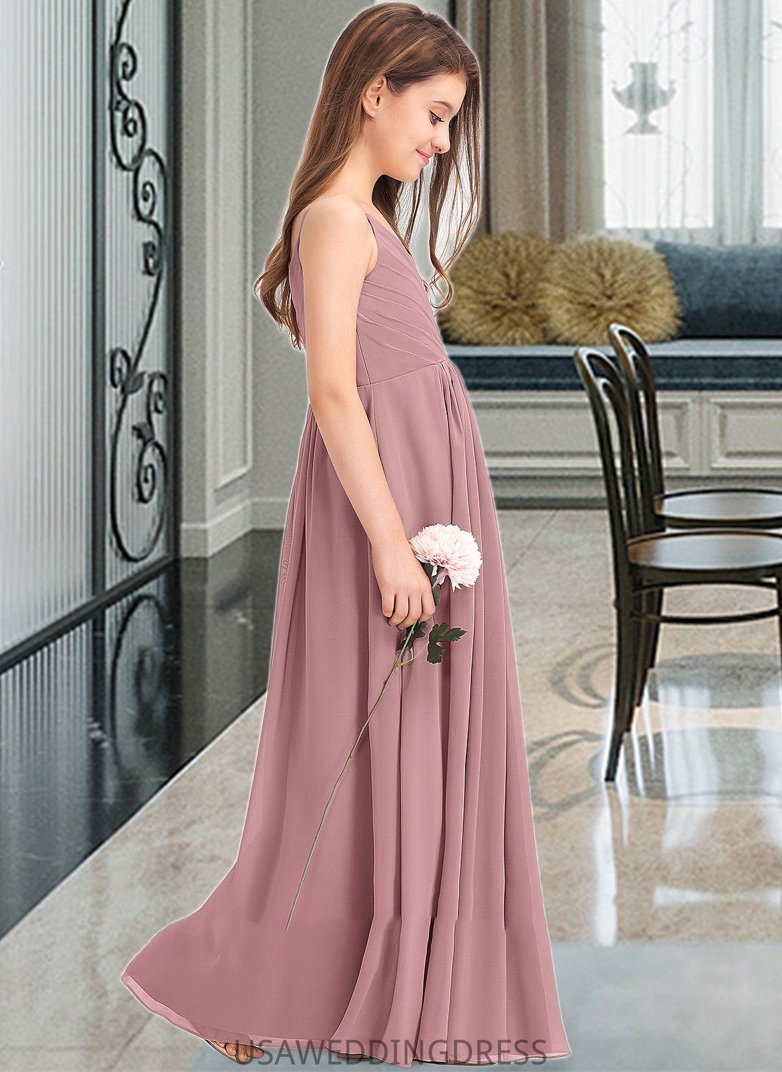 Ida A-Line V-neck Floor-Length Chiffon Junior Bridesmaid Dress With Ruffle DSP0013354