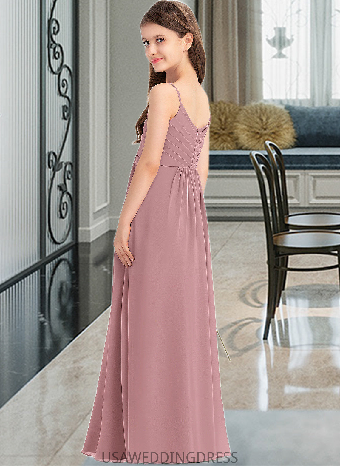 Ida A-Line V-neck Floor-Length Chiffon Junior Bridesmaid Dress With Ruffle DSP0013354