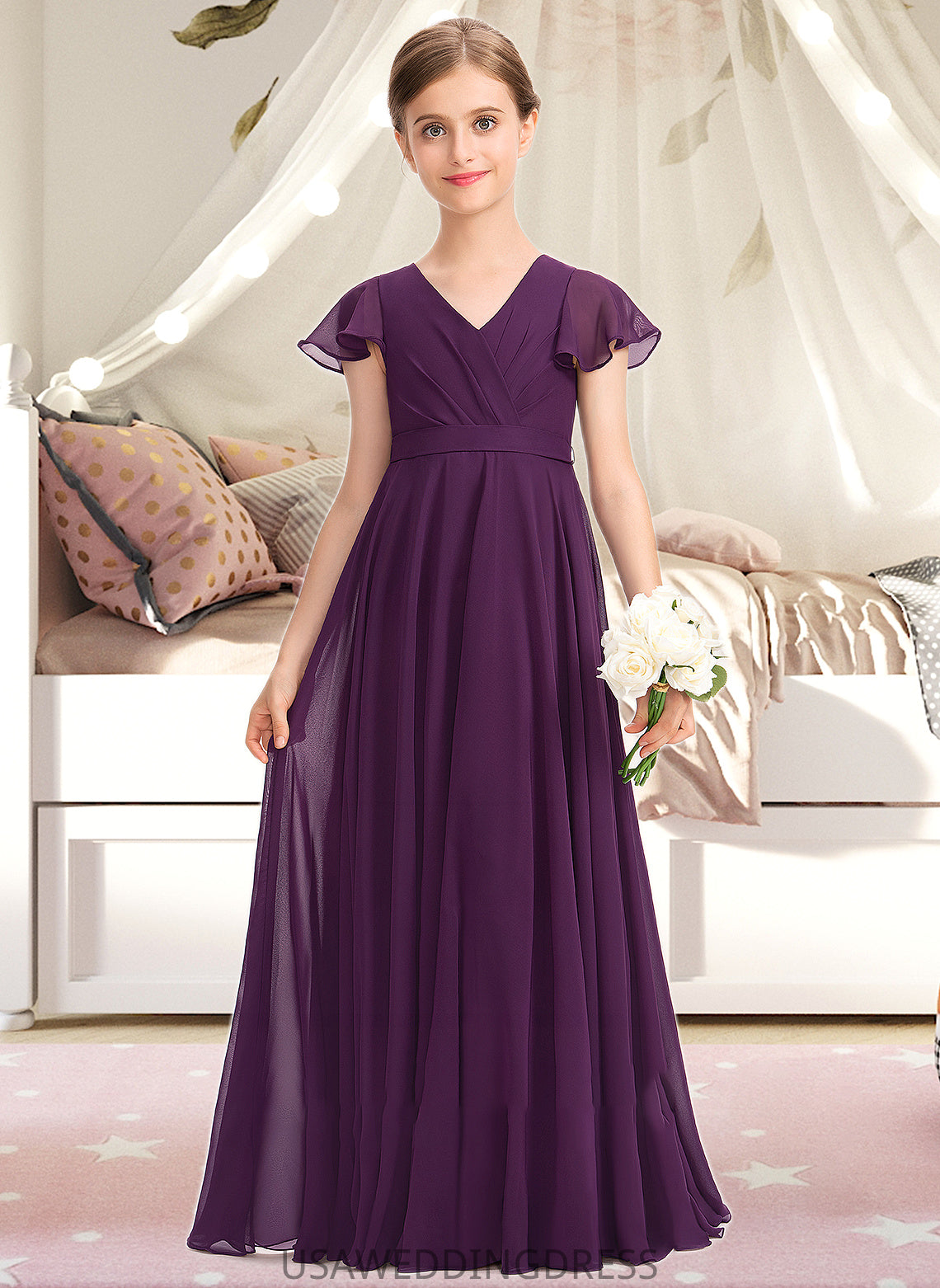 Destiny A-Line V-neck Floor-Length Chiffon Junior Bridesmaid Dress With Bow(s) Cascading Ruffles DSP0013355