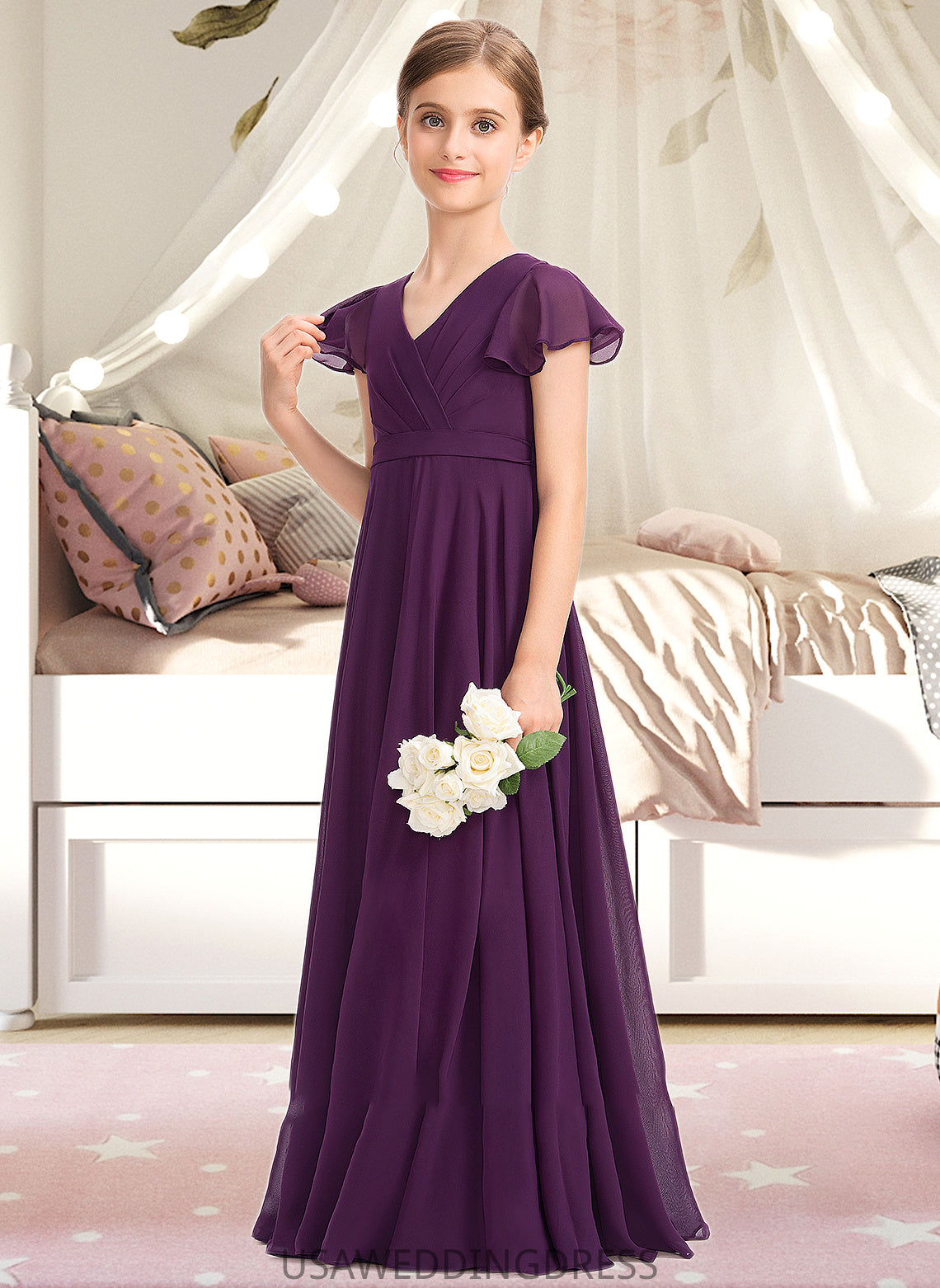 Destiny A-Line V-neck Floor-Length Chiffon Junior Bridesmaid Dress With Bow(s) Cascading Ruffles DSP0013355