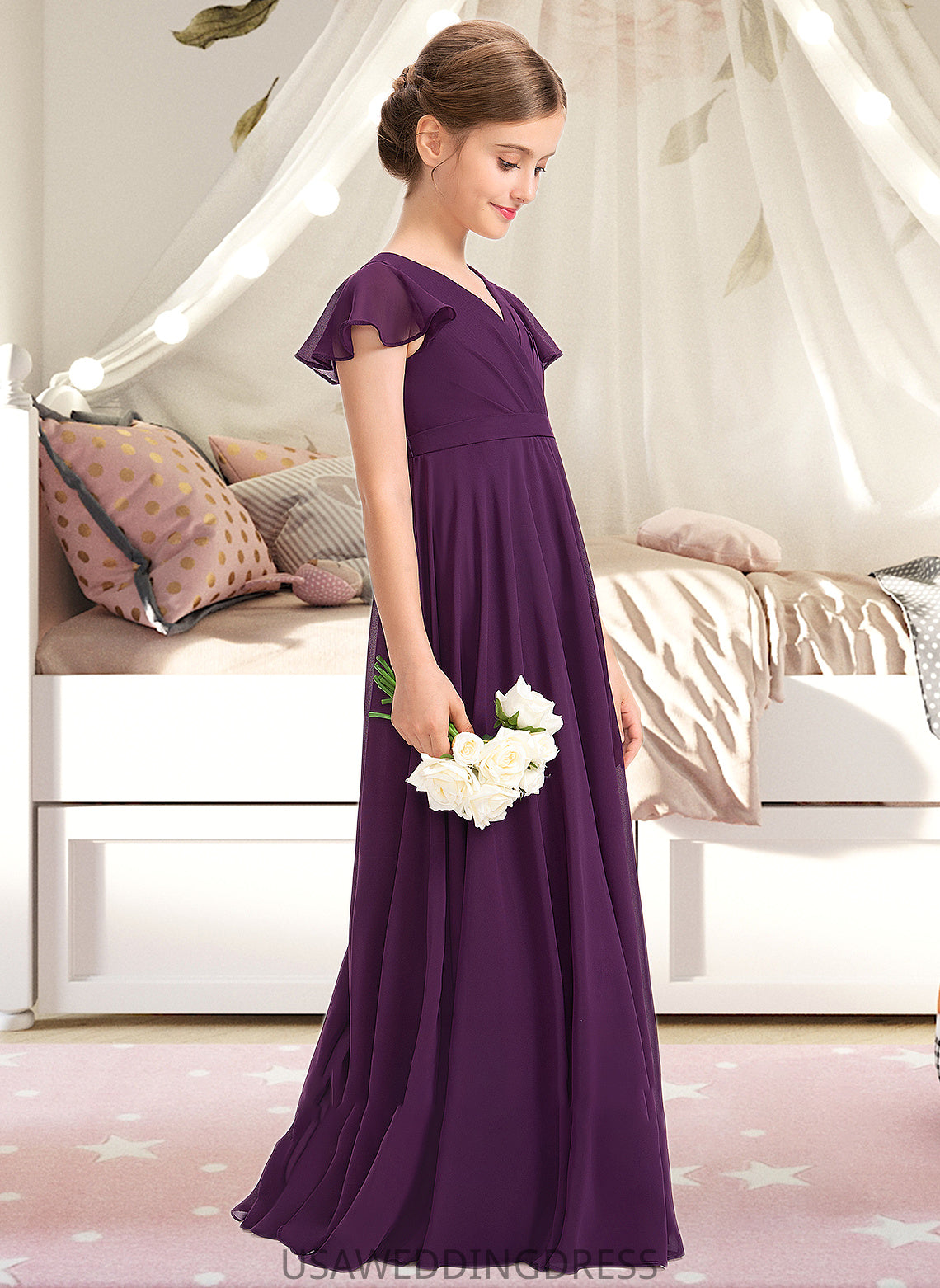 Destiny A-Line V-neck Floor-Length Chiffon Junior Bridesmaid Dress With Bow(s) Cascading Ruffles DSP0013355