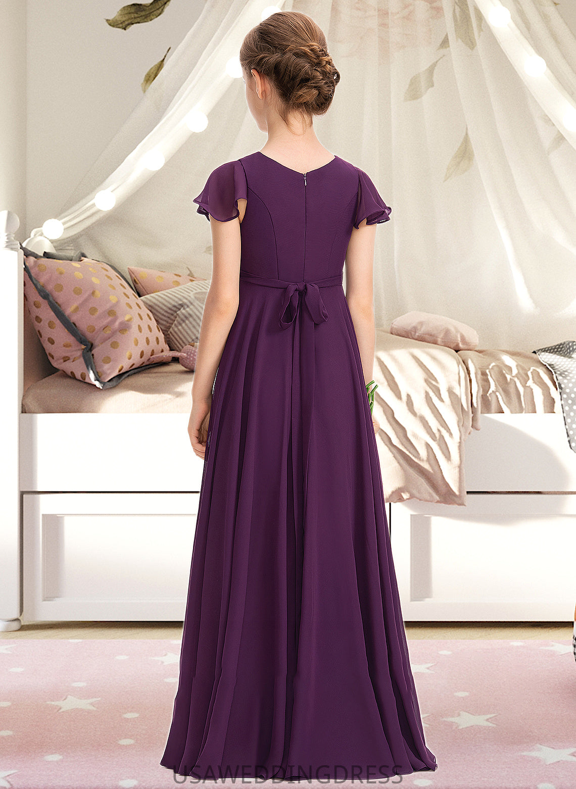 Destiny A-Line V-neck Floor-Length Chiffon Junior Bridesmaid Dress With Bow(s) Cascading Ruffles DSP0013355