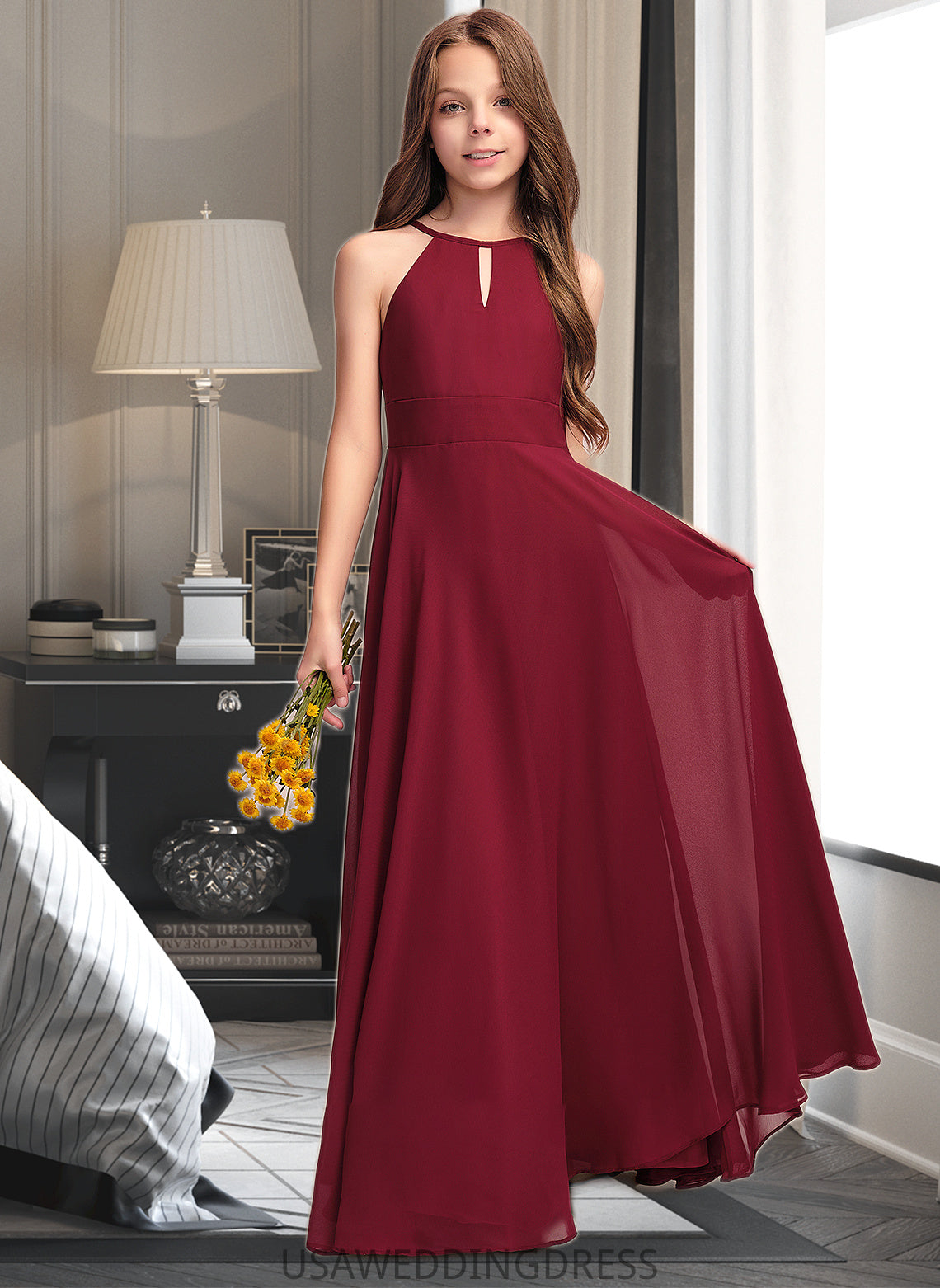 Alma A-Line Scoop Neck Floor-Length Chiffon Junior Bridesmaid Dress DSP0013357