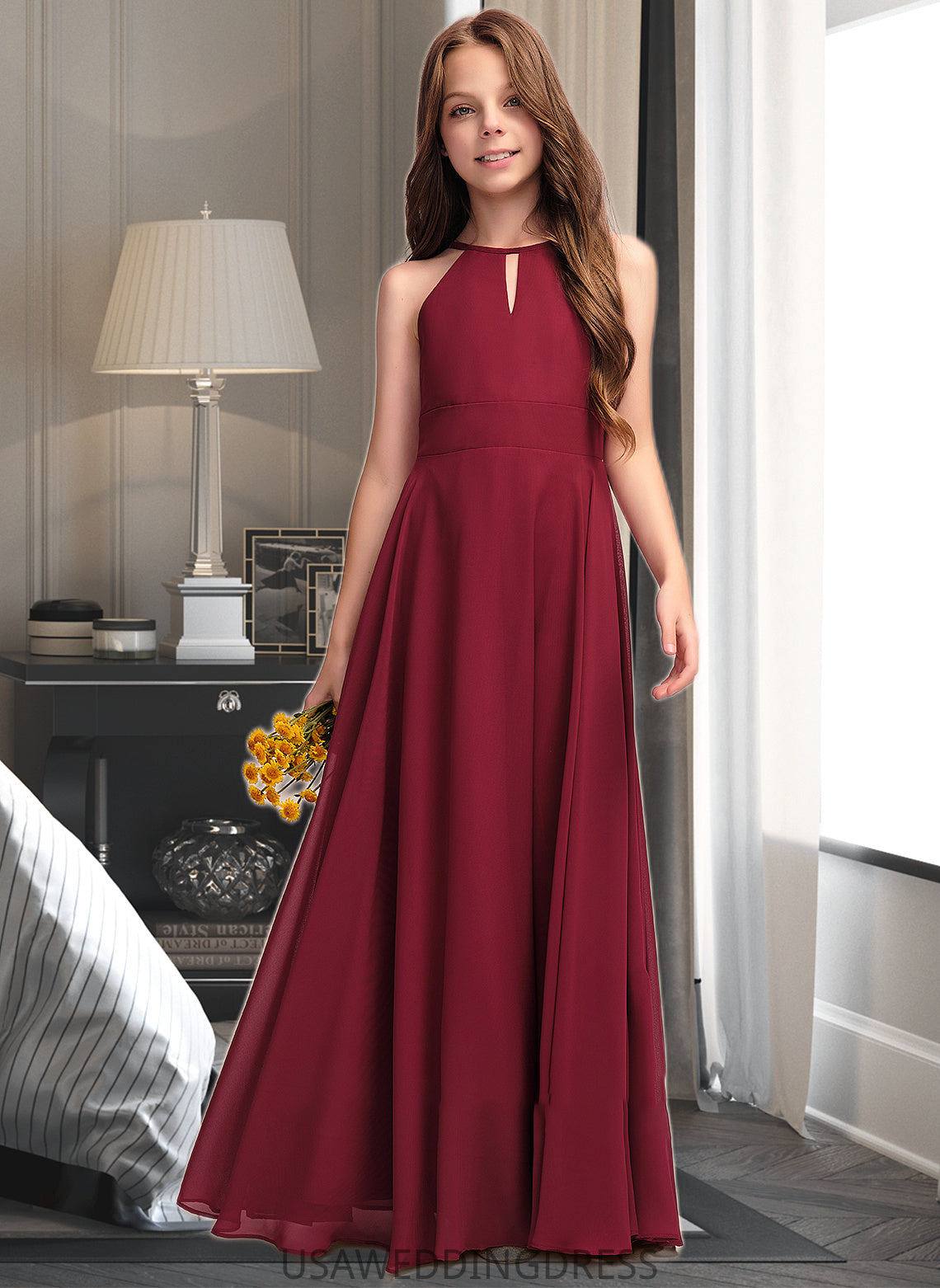 Alma A-Line Scoop Neck Floor-Length Chiffon Junior Bridesmaid Dress DSP0013357