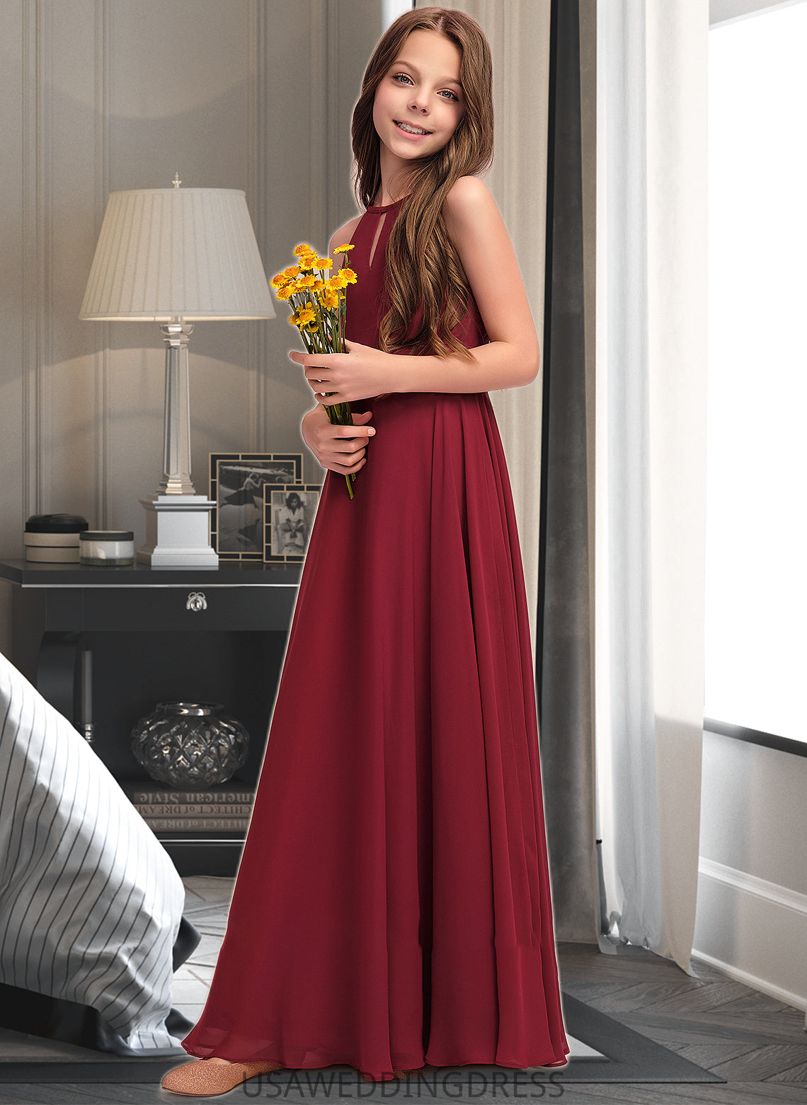 Alma A-Line Scoop Neck Floor-Length Chiffon Junior Bridesmaid Dress DSP0013357