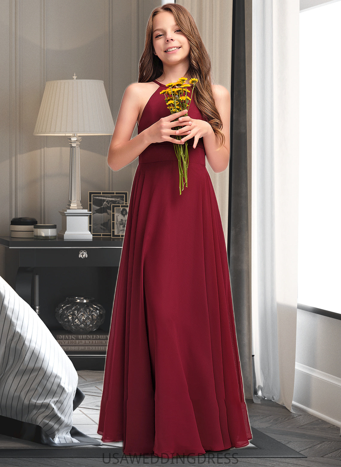 Alma A-Line Scoop Neck Floor-Length Chiffon Junior Bridesmaid Dress DSP0013357