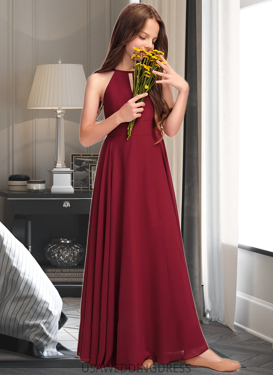 Alma A-Line Scoop Neck Floor-Length Chiffon Junior Bridesmaid Dress DSP0013357