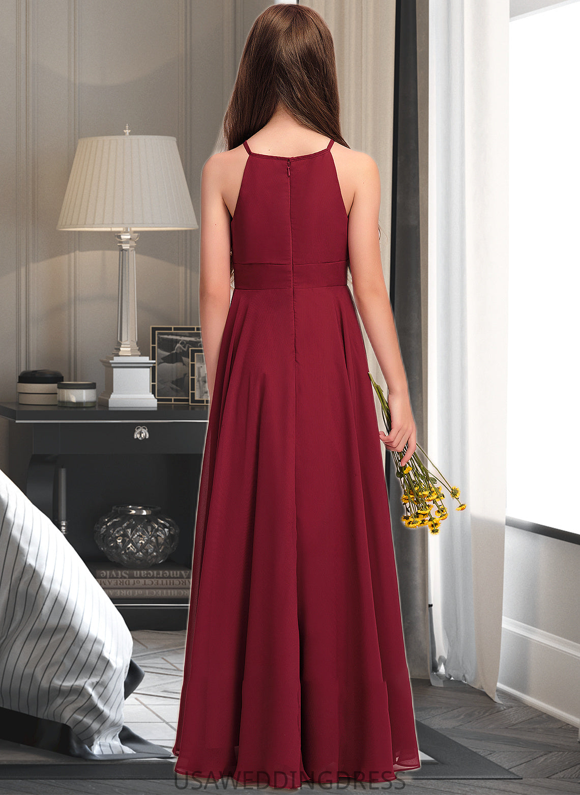 Alma A-Line Scoop Neck Floor-Length Chiffon Junior Bridesmaid Dress DSP0013357