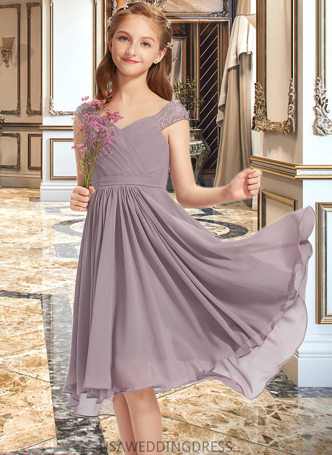 Cara A-Line V-neck Knee-Length Chiffon Lace Junior Bridesmaid Dress With Ruffle DSP0013358