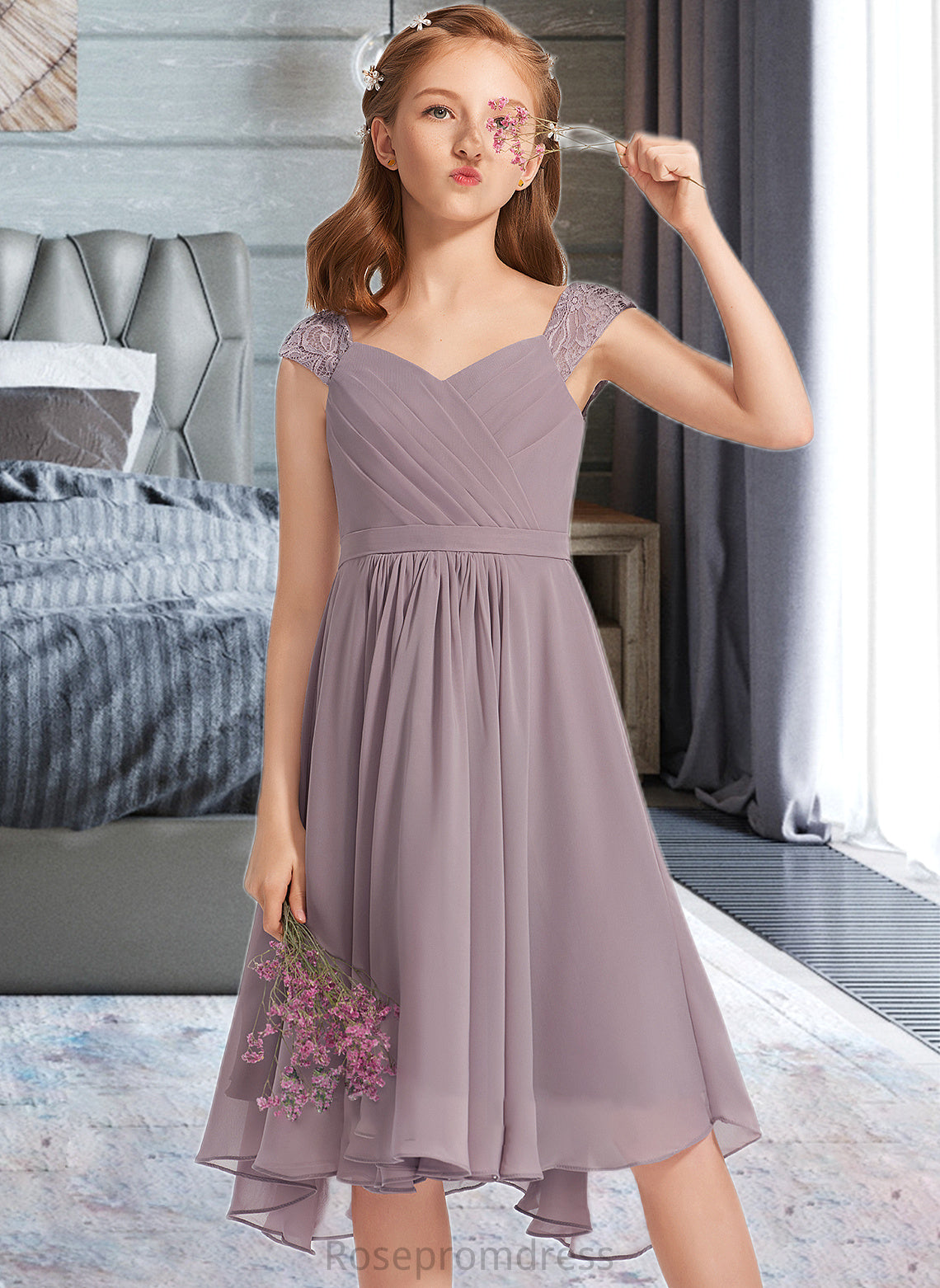 Mackenzie A-Line V-neck Knee-Length Chiffon Lace Junior Bridesmaid Dress With Ruffle SRSP0013358