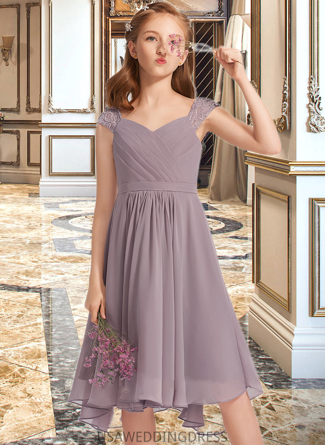 Cara A-Line V-neck Knee-Length Chiffon Lace Junior Bridesmaid Dress With Ruffle DSP0013358