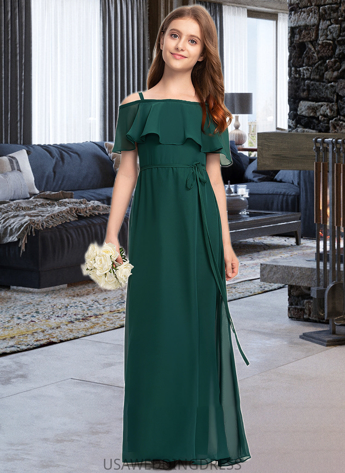 Kelsey A-Line Off-the-Shoulder Floor-Length Chiffon Junior Bridesmaid Dress With Bow(s) DSP0013359