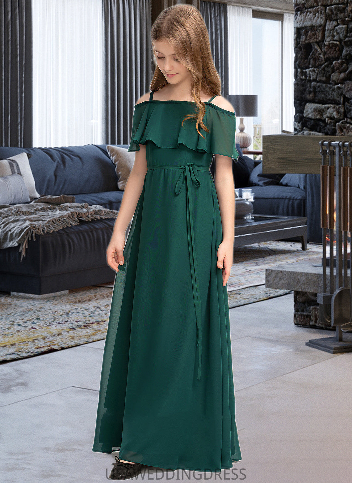 Kelsey A-Line Off-the-Shoulder Floor-Length Chiffon Junior Bridesmaid Dress With Bow(s) DSP0013359