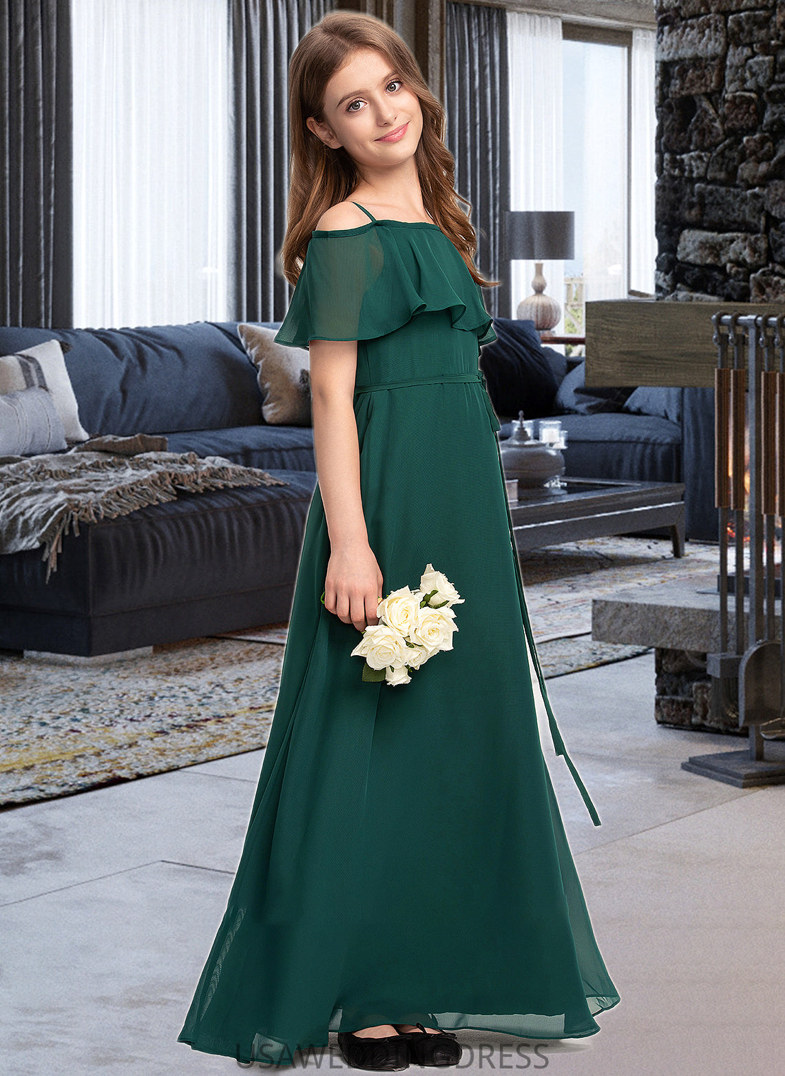 Kelsey A-Line Off-the-Shoulder Floor-Length Chiffon Junior Bridesmaid Dress With Bow(s) DSP0013359