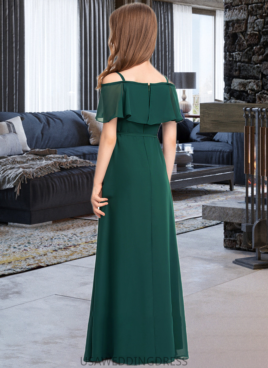 Kelsey A-Line Off-the-Shoulder Floor-Length Chiffon Junior Bridesmaid Dress With Bow(s) DSP0013359