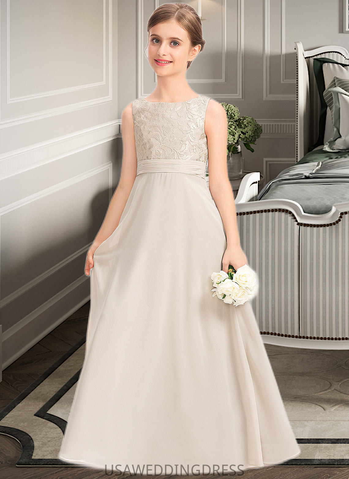 Natalee A-Line Scoop Neck Floor-Length Chiffon Lace Junior Bridesmaid Dress With Ruffle DSP0013360