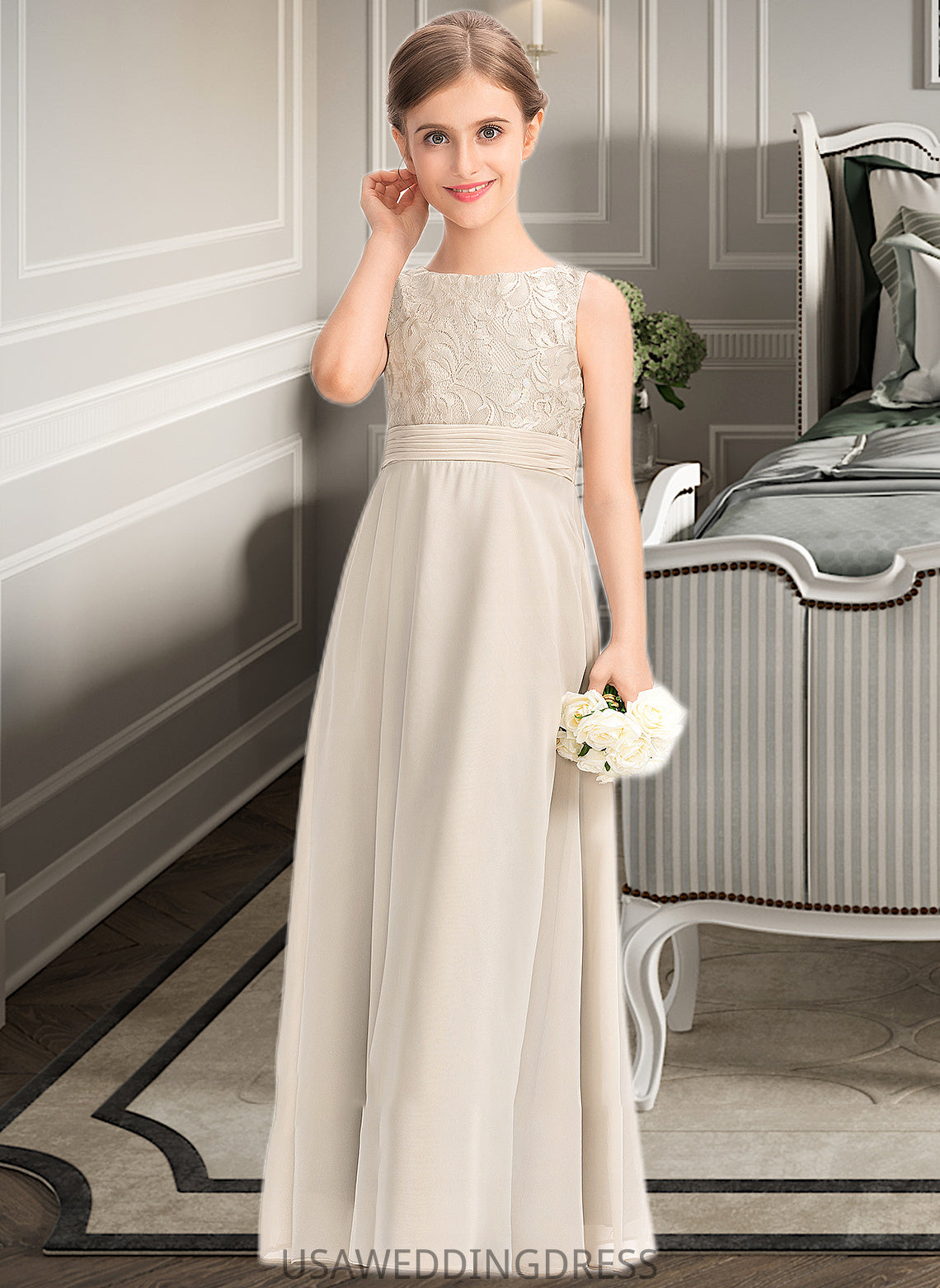 Natalee A-Line Scoop Neck Floor-Length Chiffon Lace Junior Bridesmaid Dress With Ruffle DSP0013360