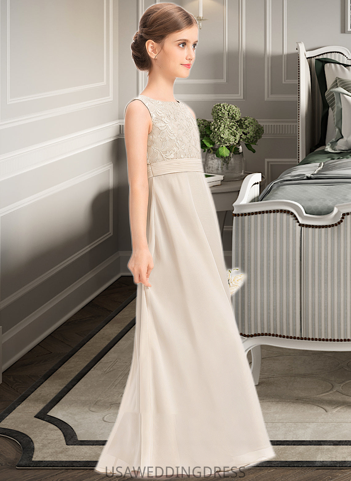 Natalee A-Line Scoop Neck Floor-Length Chiffon Lace Junior Bridesmaid Dress With Ruffle DSP0013360