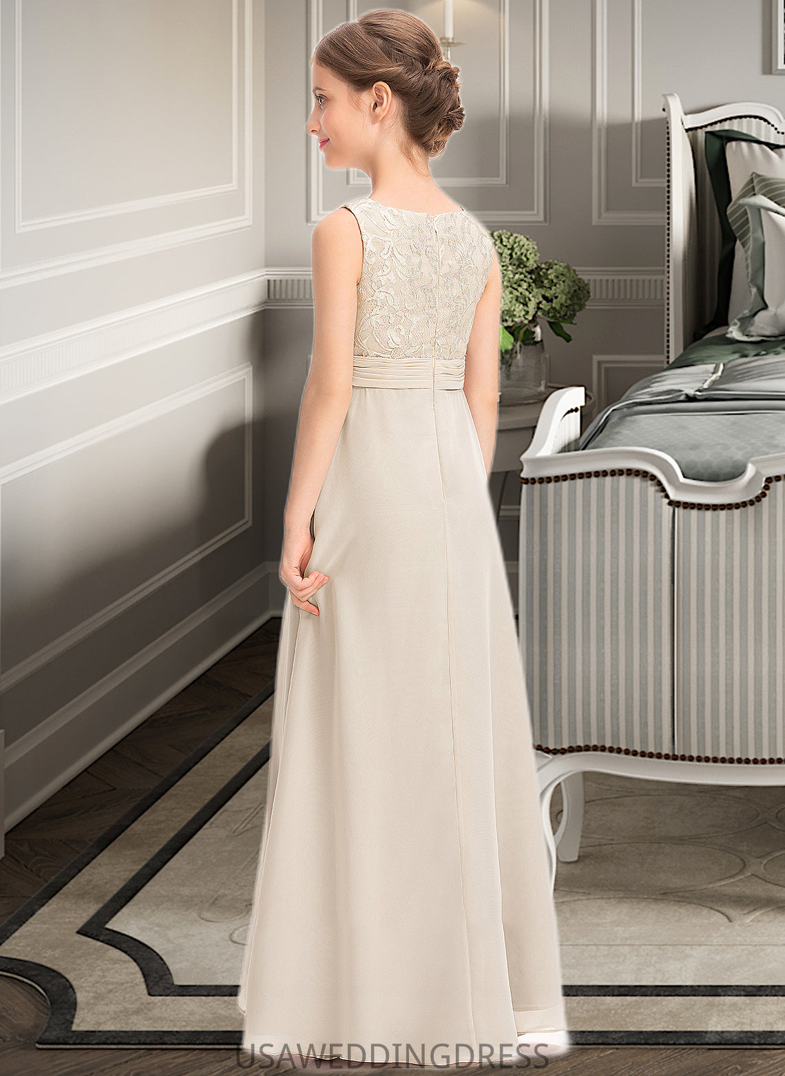 Natalee A-Line Scoop Neck Floor-Length Chiffon Lace Junior Bridesmaid Dress With Ruffle DSP0013360