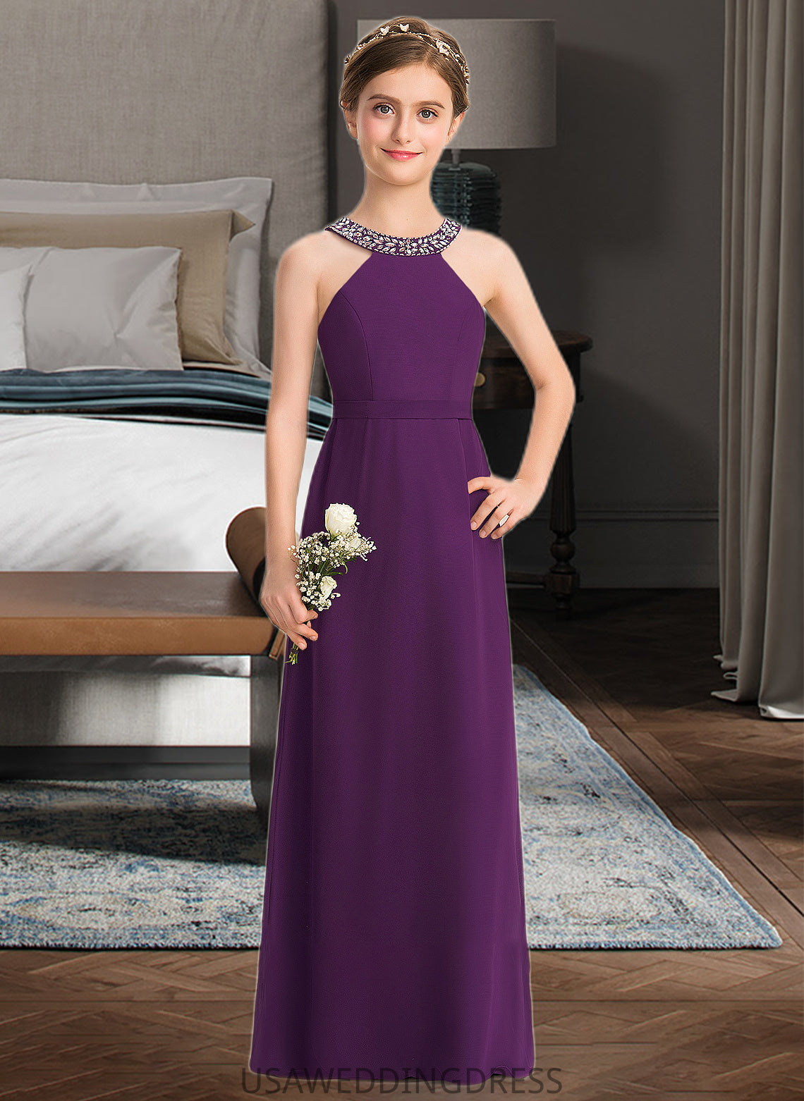 Brooke A-Line Scoop Neck Floor-Length Chiffon Junior Bridesmaid Dress With Beading Bow(s) DSP0013361