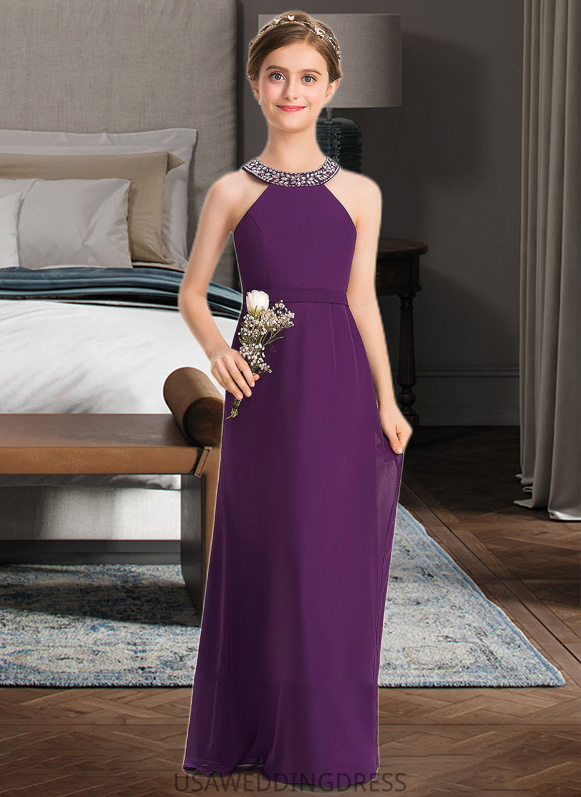 Brooke A-Line Scoop Neck Floor-Length Chiffon Junior Bridesmaid Dress With Beading Bow(s) DSP0013361