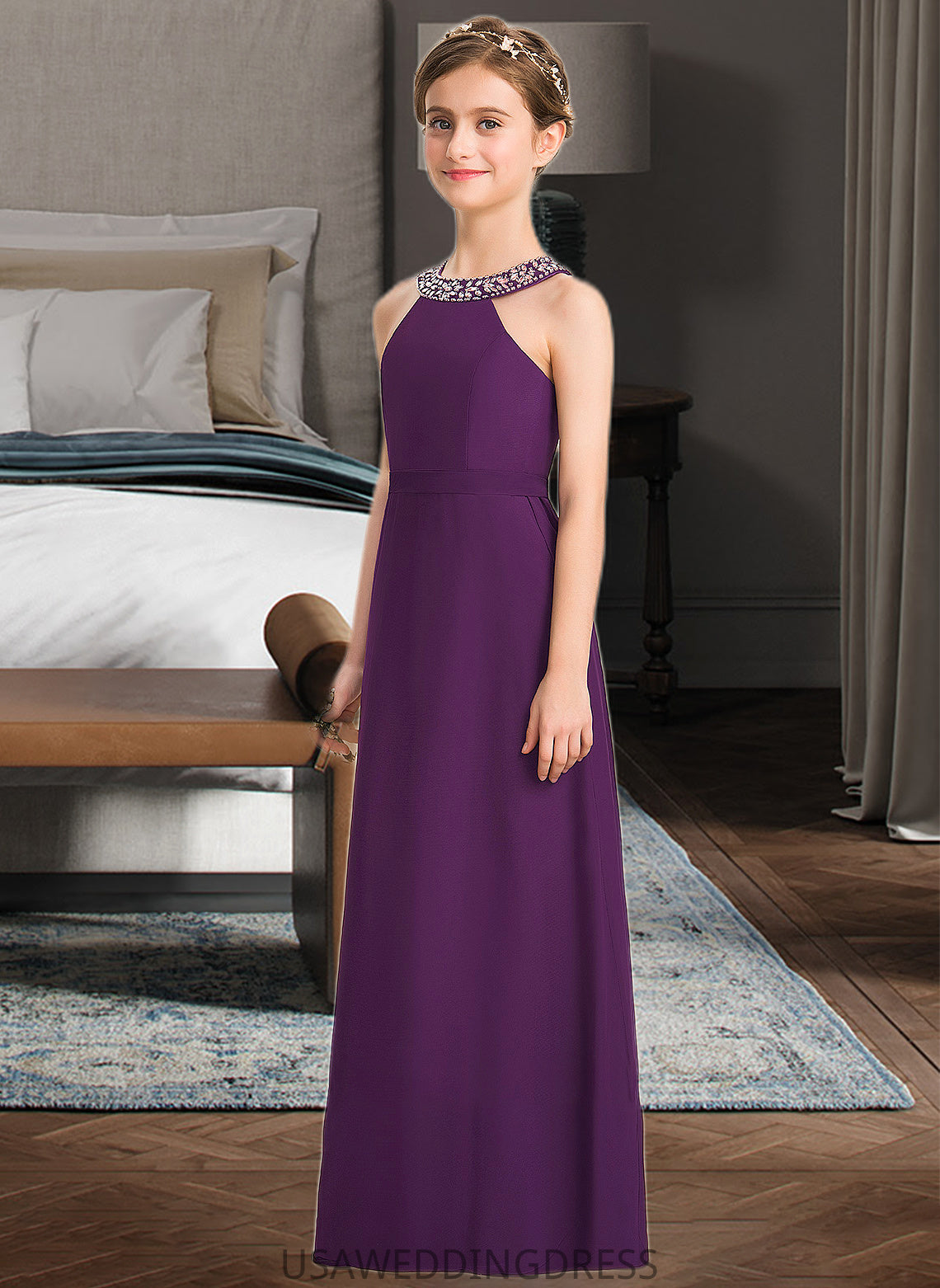 Brooke A-Line Scoop Neck Floor-Length Chiffon Junior Bridesmaid Dress With Beading Bow(s) DSP0013361