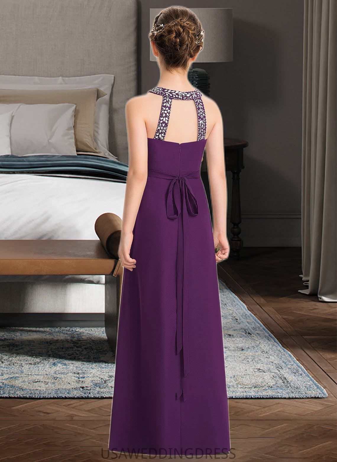 Brooke A-Line Scoop Neck Floor-Length Chiffon Junior Bridesmaid Dress With Beading Bow(s) DSP0013361