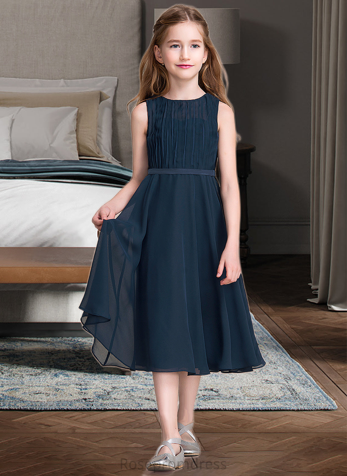 Kaitlyn A-Line Scoop Neck Tea-Length Chiffon Junior Bridesmaid Dress With Ruffle SRSP0013362