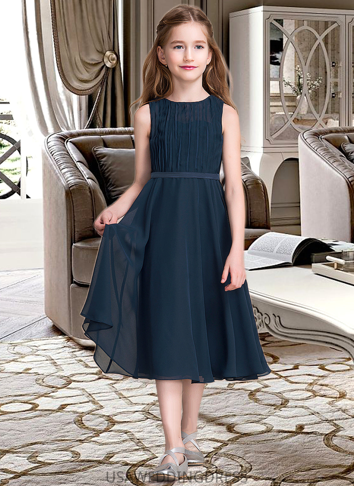 Shania A-Line Scoop Neck Tea-Length Chiffon Junior Bridesmaid Dress With Ruffle DSP0013362