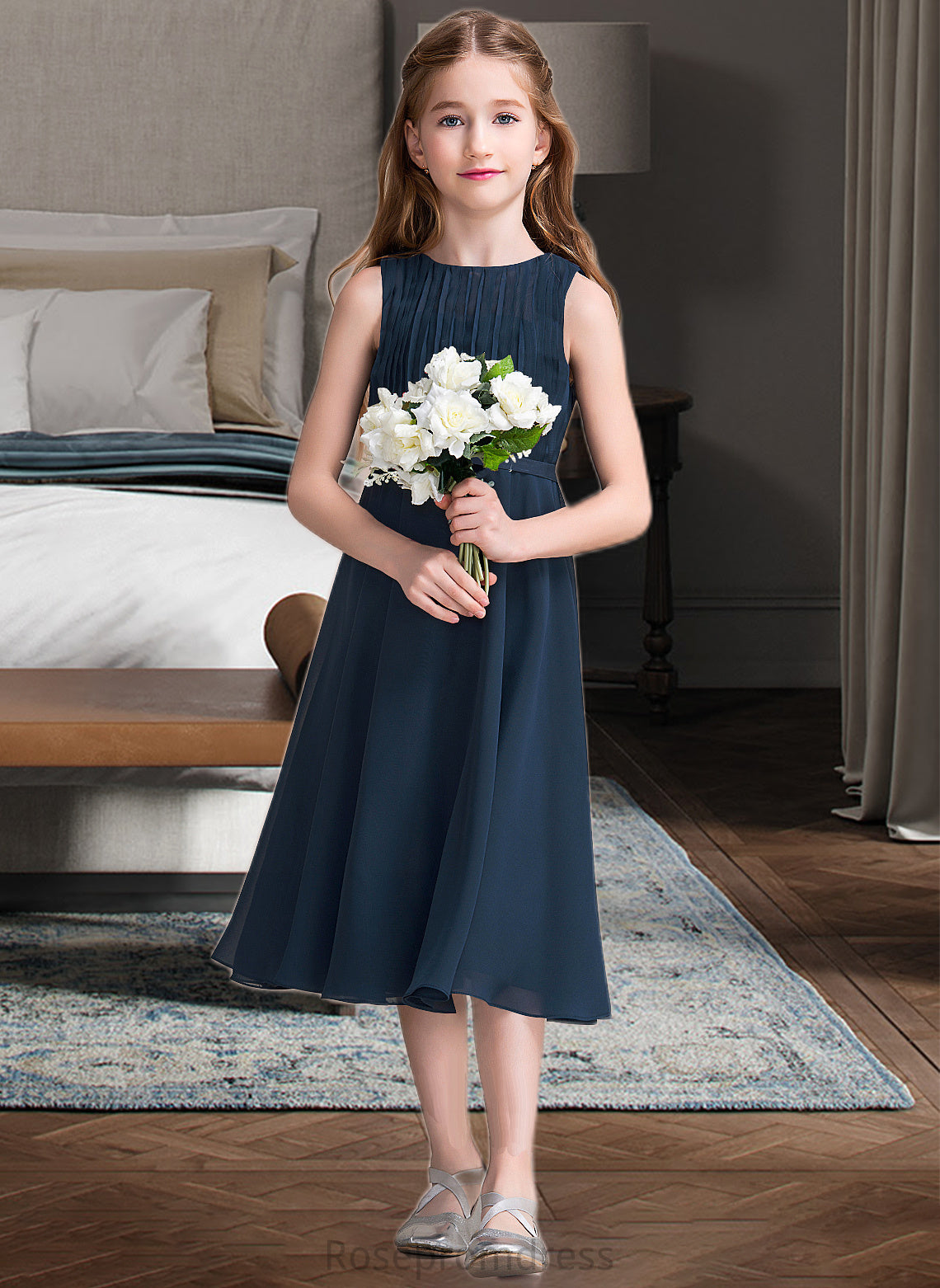 Kaitlyn A-Line Scoop Neck Tea-Length Chiffon Junior Bridesmaid Dress With Ruffle SRSP0013362