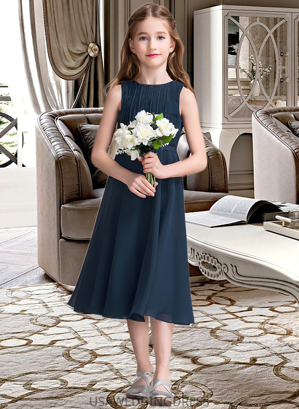 Shania A-Line Scoop Neck Tea-Length Chiffon Junior Bridesmaid Dress With Ruffle DSP0013362