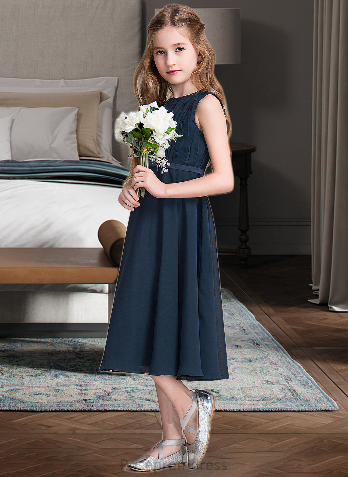 Kaitlyn A-Line Scoop Neck Tea-Length Chiffon Junior Bridesmaid Dress With Ruffle SRSP0013362