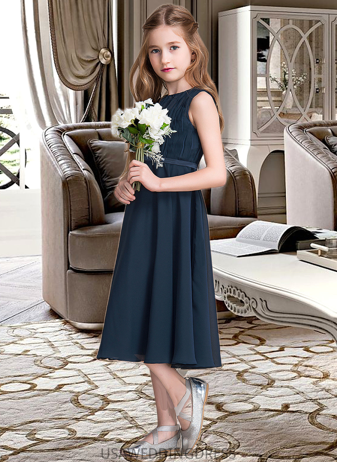 Shania A-Line Scoop Neck Tea-Length Chiffon Junior Bridesmaid Dress With Ruffle DSP0013362