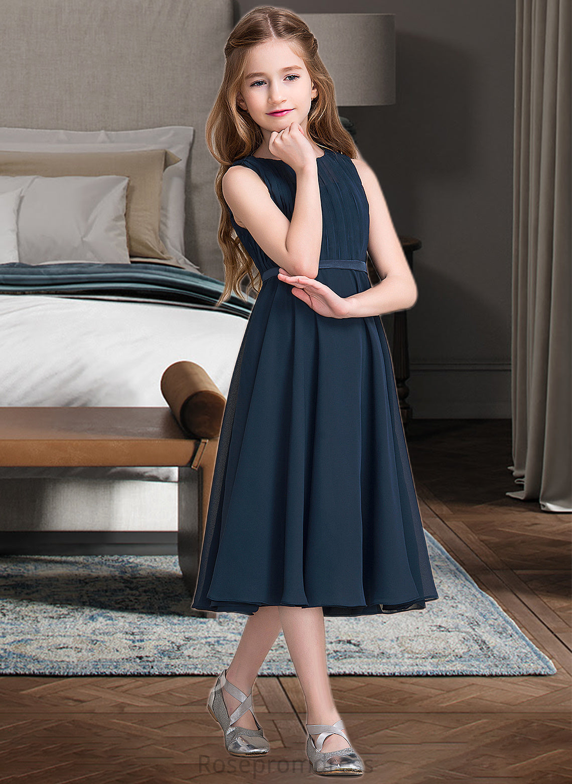 Kaitlyn A-Line Scoop Neck Tea-Length Chiffon Junior Bridesmaid Dress With Ruffle SRSP0013362