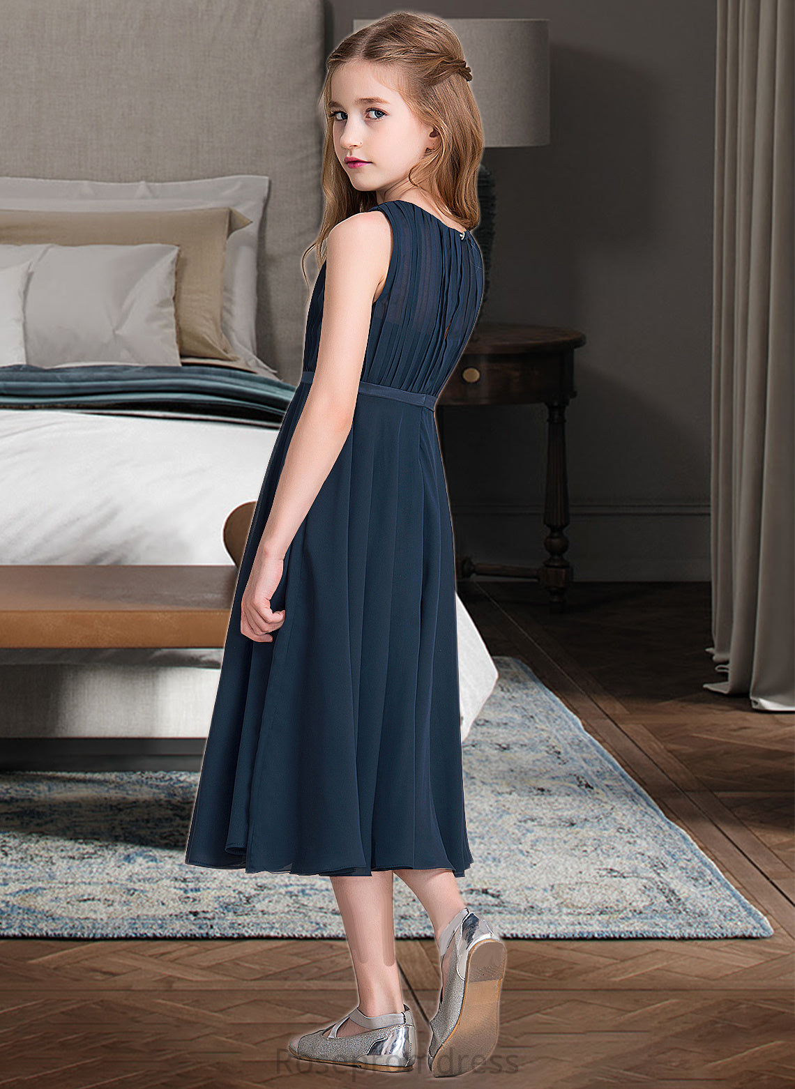 Kaitlyn A-Line Scoop Neck Tea-Length Chiffon Junior Bridesmaid Dress With Ruffle SRSP0013362