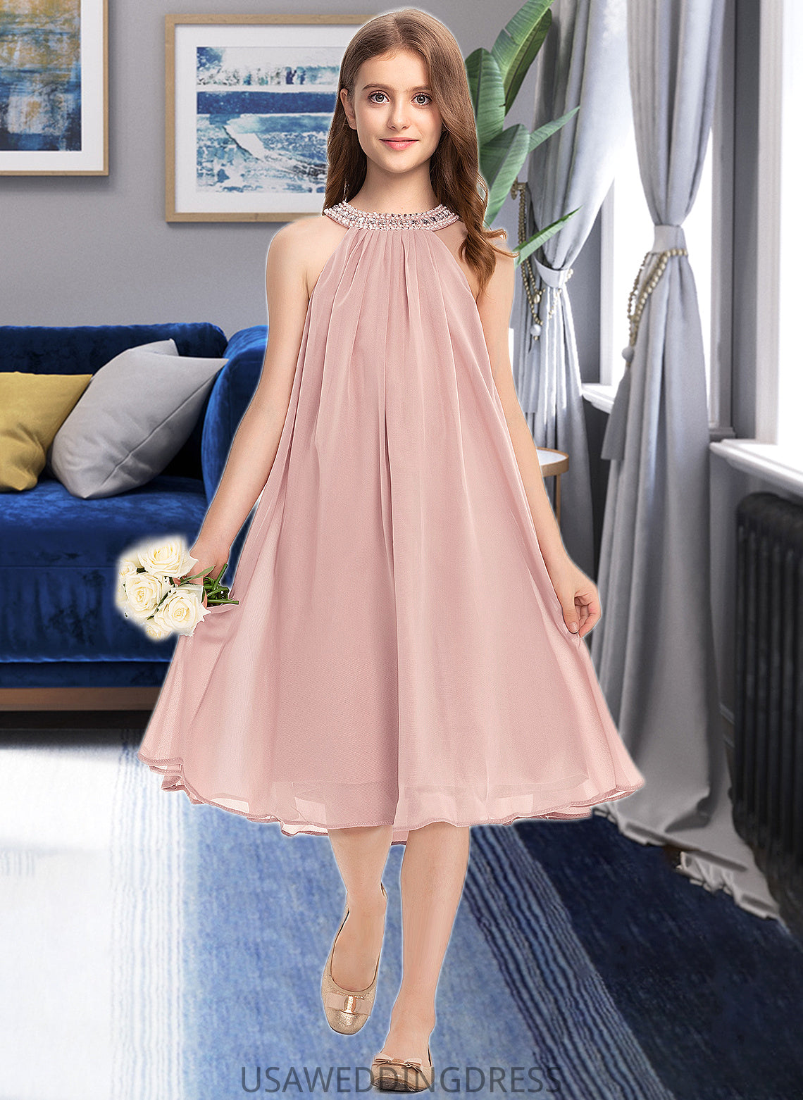 Jewel A-Line Scoop Neck Knee-Length Chiffon Junior Bridesmaid Dress With Beading Sequins DSP0013365